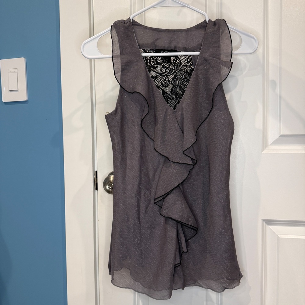BCX Womens Grey Shimmer Ruffle Front Blouse Black Lace Back Size XS NEW